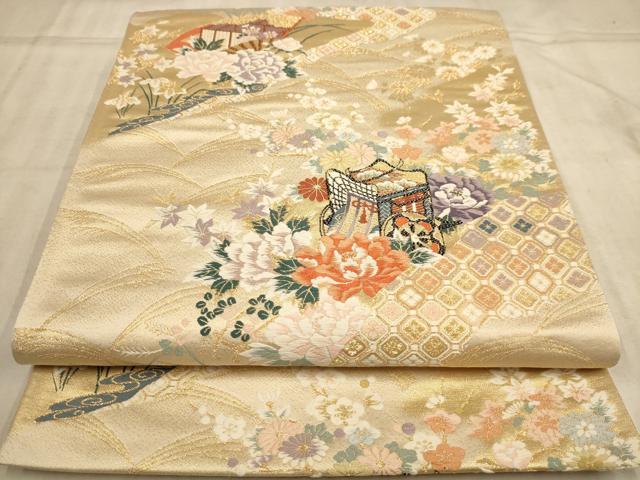 平和屋着物◎六通柄袋帯 唐織 御所車花文 金糸 正絹 逸品 AABB4065dt