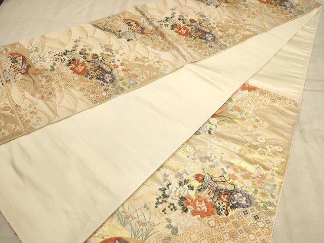 平和屋着物◎六通柄袋帯 唐織 御所車花文 金糸 正絹 逸品 AABB4065dt