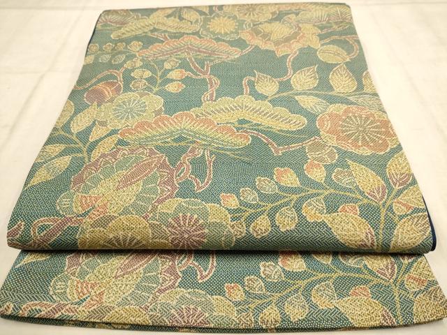 平和屋着物◎全通柄袋帯 紬地 草花文 正絹 逸品 AABB4079dt