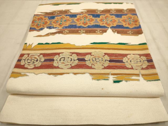 平和屋着物◎太鼓柄袋帯 横段花文 銀彩 正絹 逸品 AABB4086dt