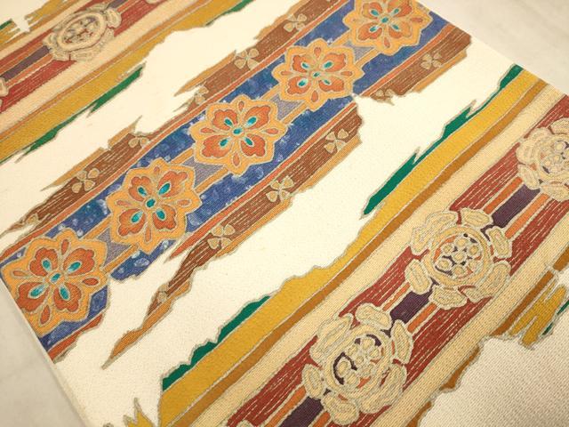 平和屋着物◎太鼓柄袋帯 横段花文 銀彩 正絹 逸品 AABB4086dt