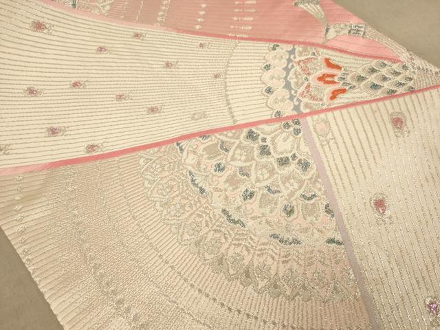 平和屋着物◎両面 六通柄袋帯 唐織 孔雀花文 銀糸 正絹 逸品 AABB4148dt
