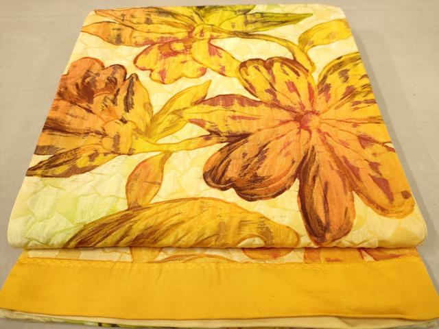 平和屋着物◎全通柄袋帯 手描き 草花文 ふくれ織 正絹 逸品 AABB4159dt