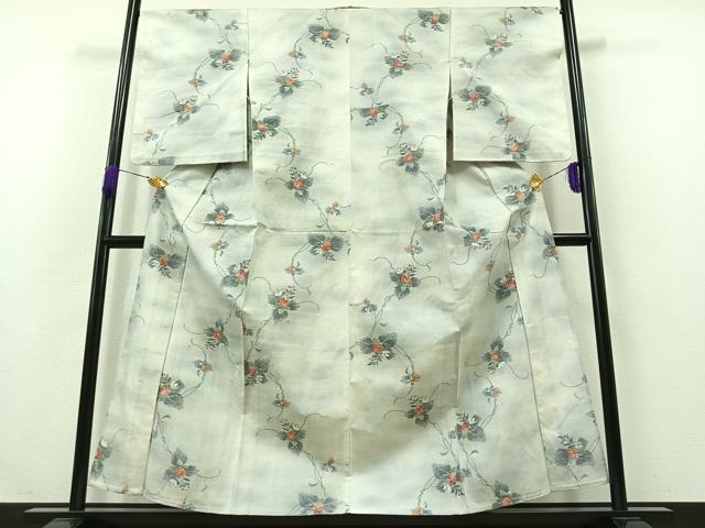 平和屋着物▽上質な紬 単衣 草花文 正絹 逸品 AABB4489jh