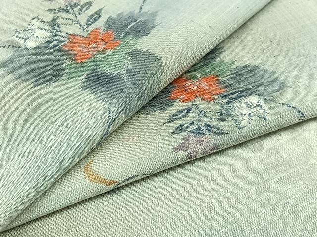 平和屋着物▽上質な紬 単衣 草花文 正絹 逸品 AABB4489jh