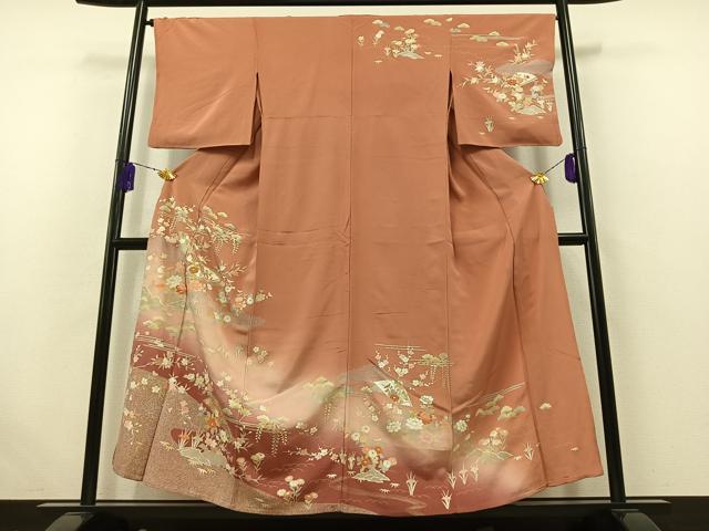 平和屋着物▽訪問着 単衣 駒刺繍 扇面花文 暈し染め 金糸 金彩 正絹 逸品 AABK4619cs