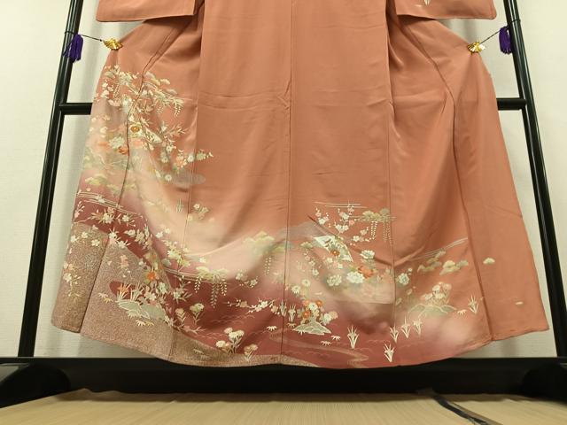 平和屋着物▽訪問着 単衣 駒刺繍 扇面花文 暈し染め 金糸 金彩 正絹 逸品 AABK4619cs