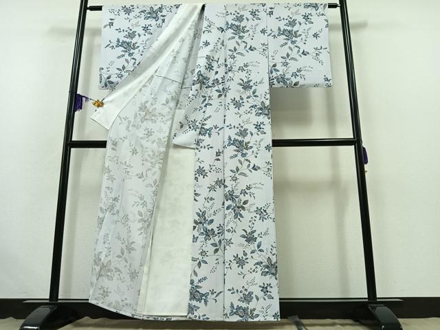 平和屋着物▽上質な小紋 単衣 手描き 更紗花文 鬼しぼ縮緬 正絹 逸品 AABB4517jh