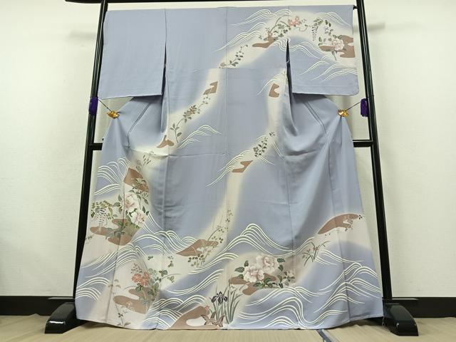 平和屋着物▽訪問着 単衣 刺繍 流水花文 暈し染め 金糸 正絹 逸品 AABB4518jh