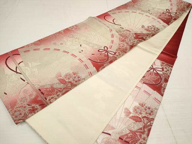 平和屋着物◎六通柄袋帯 扇面花文 銀糸 正絹 逸品 AABB4578wj