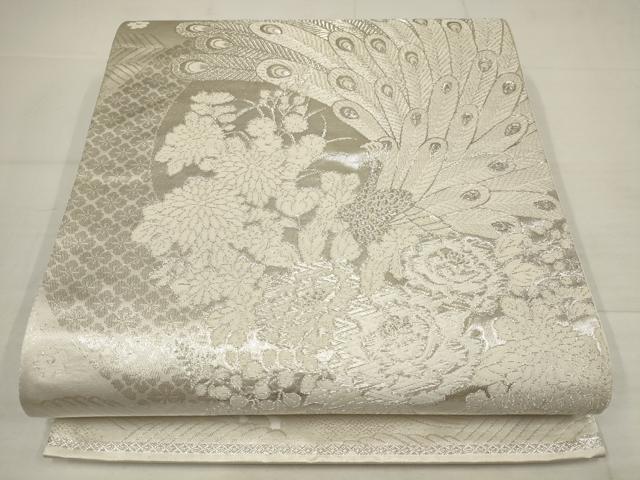 平和屋着物◎西陣 六通柄袋帯 美保姿 孔雀花文 銀糸 証紙付き 正絹 逸品 AABB4591wj