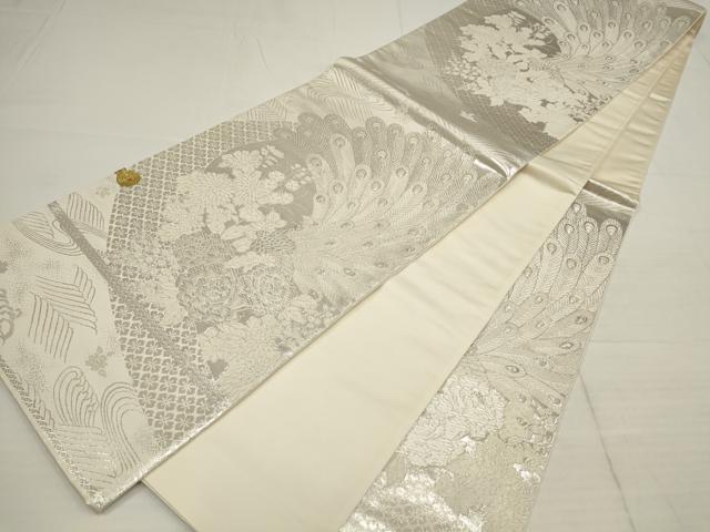 平和屋着物◎西陣 六通柄袋帯 美保姿 孔雀花文 銀糸 証紙付き 正絹 逸品 AABB4591wj