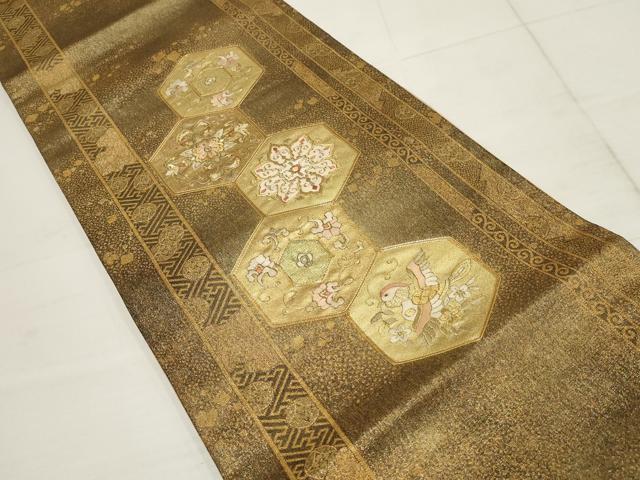 平和屋着物▼太鼓柄袋帯 駒刺繍 亀甲花鳥文 金糸 正絹 逸品 AABB4716wj