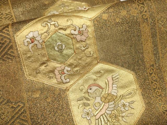平和屋着物▼太鼓柄袋帯 駒刺繍 亀甲花鳥文 金糸 正絹 逸品 AABB4716wj