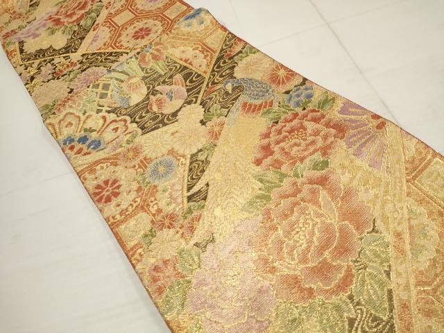 平和屋着物▼佐賀錦 六通柄袋帯 吉祥花鳥文 金糸 正絹 逸品 AABB4771wj