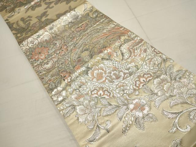 平和屋着物▼六通柄袋帯 鳳凰花丸文 銀糸 正絹 逸品 AABB4827wj