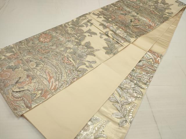 平和屋着物▼六通柄袋帯 鳳凰花丸文 銀糸 正絹 逸品 AABB4827wj