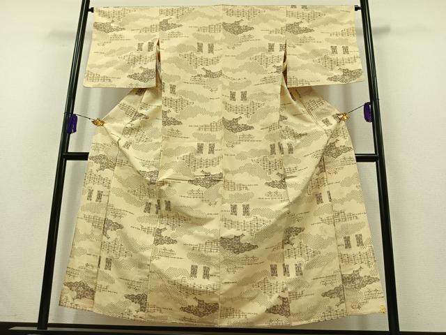 平和屋着物▽上質な紬 単衣 雲取り花文 正絹 逸品 AABB5202jh