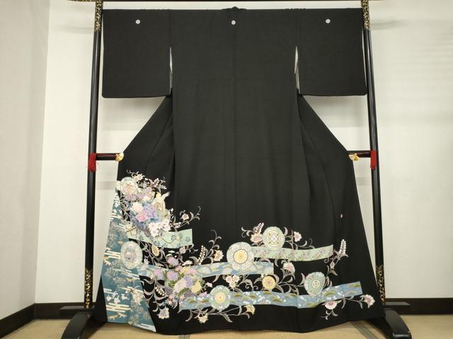 平和屋着物●豪華黒留袖 友禅 作家物 更紗花鳥文 正絹 逸品 AABB5415ck