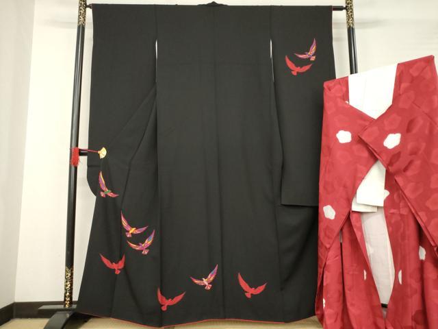 平和屋着物●染色作家 斉藤三才 振袖・長襦袢(袷)セット 飛鳥文 黒地 正絹 逸品 AABB5444ck