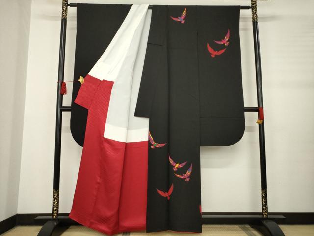 平和屋着物●染色作家 斉藤三才 振袖・長襦袢(袷)セット 飛鳥文 黒地 正絹 逸品 AABB5444ck
