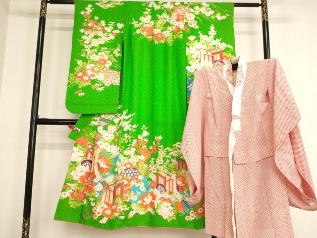 平和屋着物∵女の子 十三参り 子供 祝着・長襦袢(無双仕立て)セット 駒刺繍 御所車花文 金彩 逸品 AABB5675ja