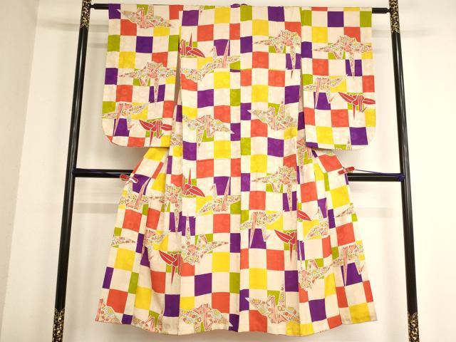平和屋着物∵女の子 十三参り 子供 祝着 市松折り鶴文 逸品 AABB5696ja