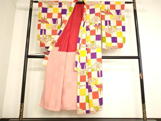 平和屋着物∵女の子 十三参り 子供 祝着 市松折り鶴文 逸品 AABB5696ja