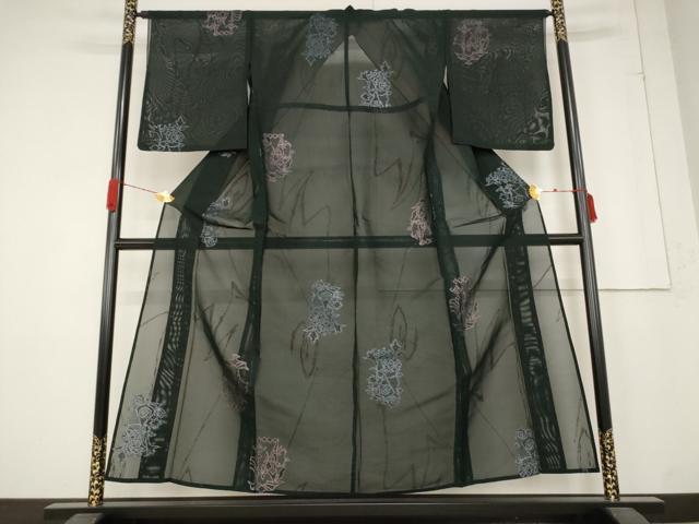 平和屋着物*夏物 小紋 紗 草花文 黒地 正絹 逸品 AABB5854st