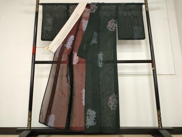 平和屋着物*夏物 小紋 紗 草花文 黒地 正絹 逸品 AABB5854st