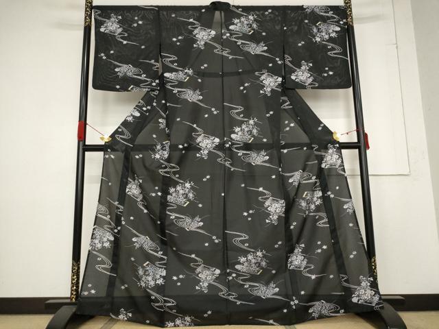 平和屋着物*夏物 小紋 絽 流水草花文 金彩 洗える着物 AABB5908st