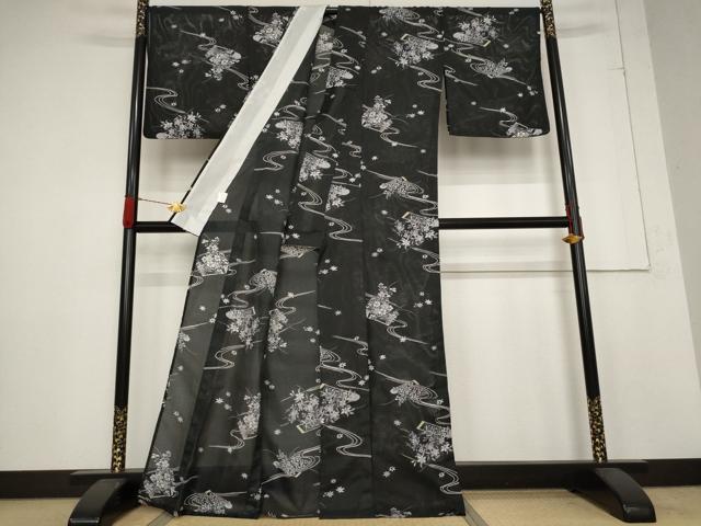 平和屋着物*夏物 小紋 絽 流水草花文 金彩 洗える着物 AABB5908st
