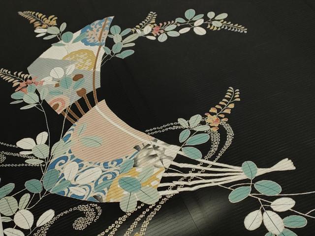 平和屋着物*夏物 アンティーク 大正ロマン 黒留袖 絽 扇面草花文 両褄 正絹 逸品 AABB5933st