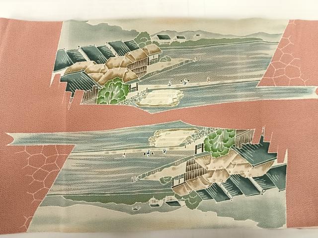 平和屋着物◎太鼓柄袋帯 風景文 金彩 鬼しぼ縮緬 正絹 逸品 AABB5963yx