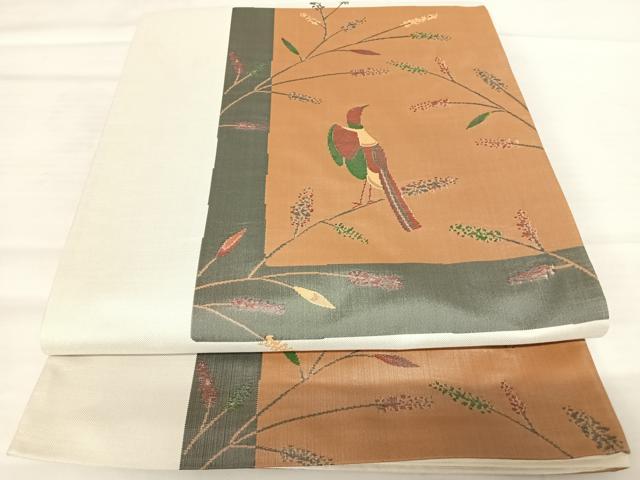 平和屋着物◎六通柄袋帯 雲母 花鳥文 正絹 逸品 AABB5971yx