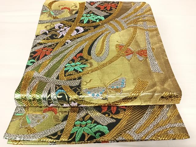 平和屋着物◎六通柄袋帯 花蝶文 金銀糸 正絹 逸品 AABB6056yx