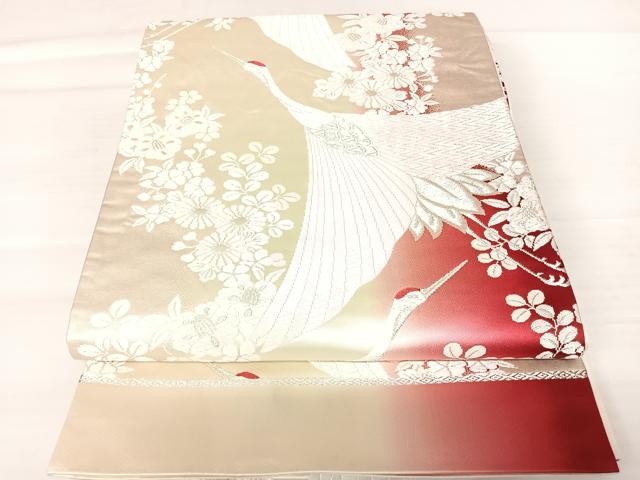平和屋着物◎西陣 六通柄袋帯 唐織 飛鶴花文 銀糸 正絹 逸品 AABB6057yx