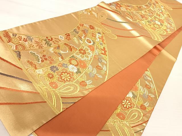 平和屋着物◎六通柄袋帯 唐織 束ね熨斗花文 金糸 正絹 逸品 AABB6063yx