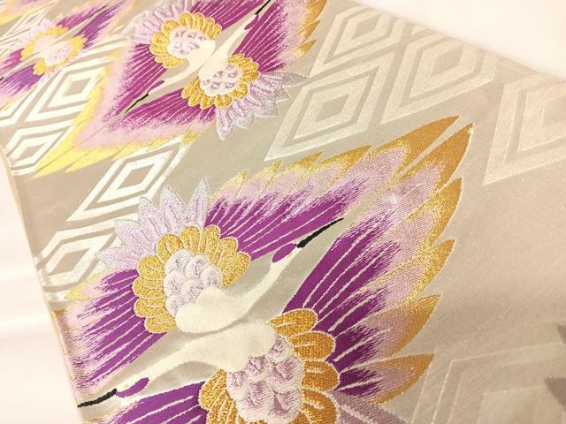 平和屋着物◎六通柄袋帯 双鶴文 金銀糸 正絹 逸品 AABB6064yx