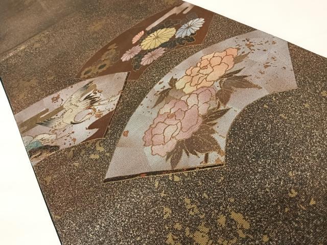 平和屋着物◎太鼓柄袋帯 地紙飛鶴花文 引箔 正絹 逸品 AABB6079yx