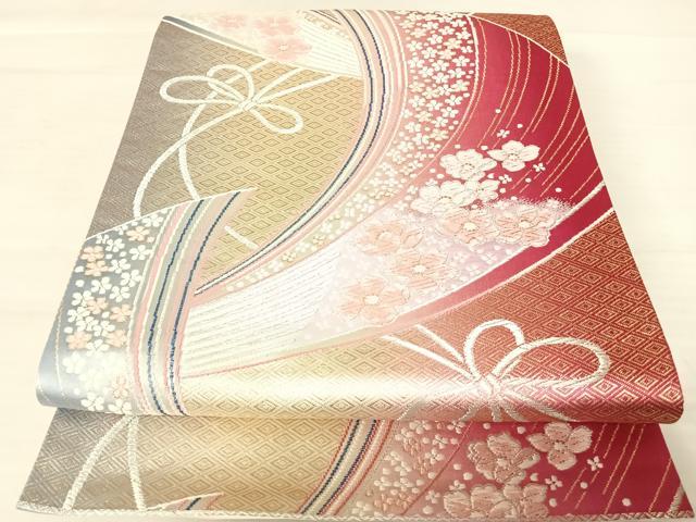 平和屋着物◎六通柄袋帯 唐織 孔雀花文 金銀糸 正絹 逸品 AABB6085yx