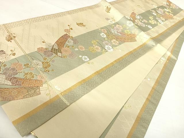 平和屋着物◎六通柄袋帯 唐織 短冊花文 金糸 正絹 逸品 AABB6109yx