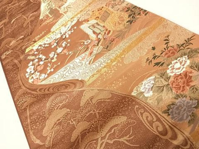 平和屋着物◎六通柄袋帯 唐織 吉祥花車文 金糸 正絹 逸品 AABB6140yx