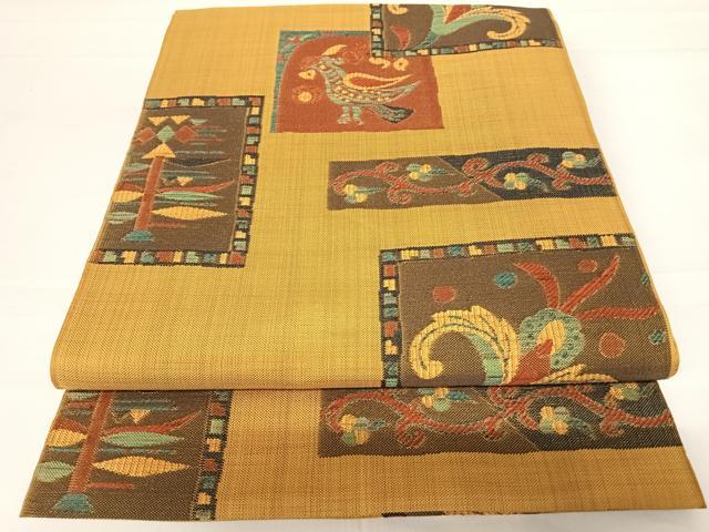 平和屋着物◎六通柄袋帯 紬地 更紗花鳥文 正絹 逸品 AABB6152yx