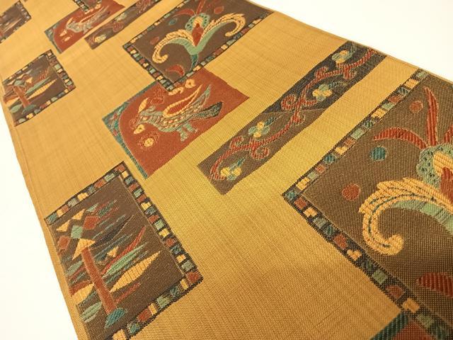 平和屋着物◎六通柄袋帯 紬地 更紗花鳥文 正絹 逸品 AABB6152yx