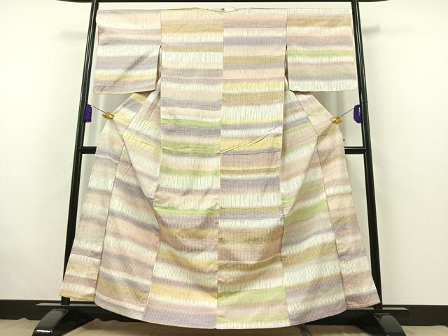 平和屋着物▽上質な紬 単衣 絞り 横段文 正絹 逸品 AABB6206jh
