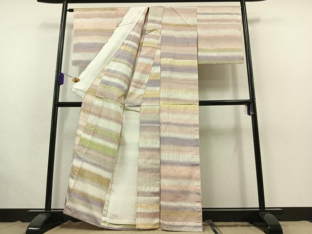 平和屋着物▽上質な紬 単衣 絞り 横段文 正絹 逸品 AABB6206jh