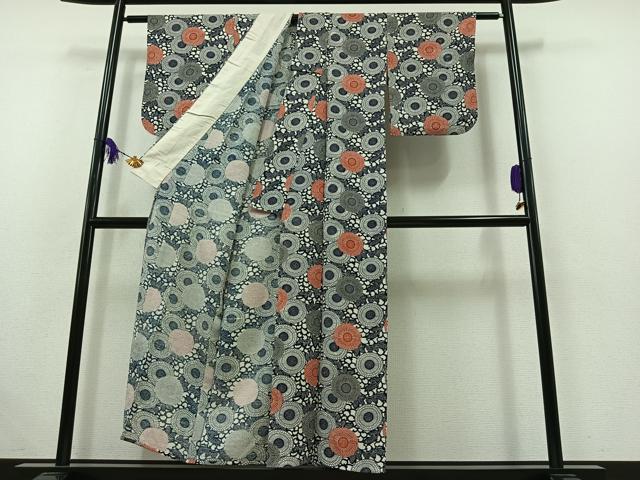 平和屋着物▽上質な小紋 単衣 紬地 型染め 花尽くし 正絹 逸品 AABB6221jh