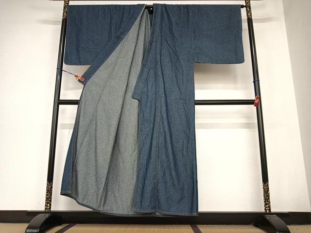 平和屋着物▽デニム着物 男性 小紋 単衣 デニム地 青藍色 綿 逸品 AABB6349zg