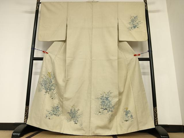 平和屋着物●訪問着 紬地 草花文 正絹 逸品 AABB6562zg